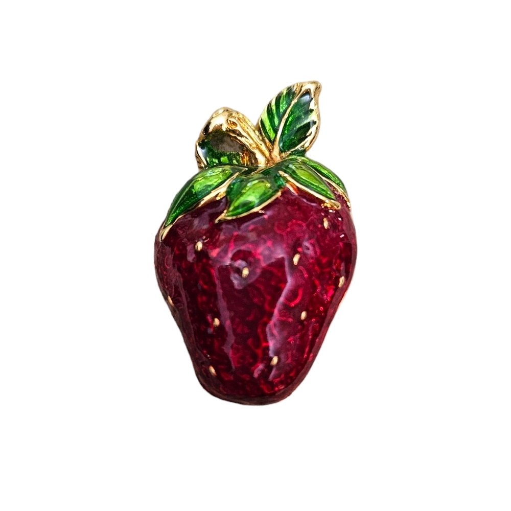 Strawberry Brooch Pin Red Enamel Green Gold Tone